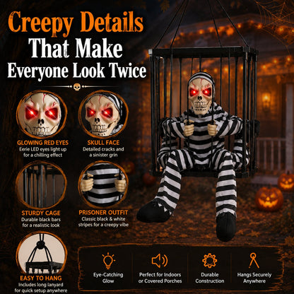 💀 Motion Activated Prisoner Skeleton Halloween Prop – Screaming Jump Scare Decoration With Flashing Red Eyes
