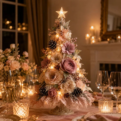 Blush Bloom Pre-Lit Floral Christmas Tree – Cord-Free Tabletop Décor