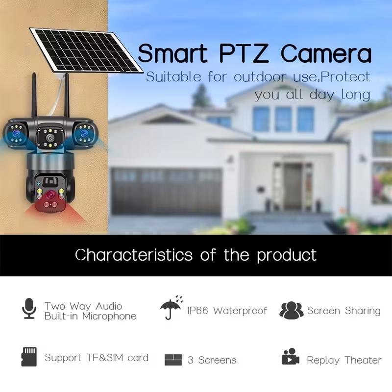 🔥4K Solar Wireless Outdoor Security Camera – Triple Lens Panoramic View, Two-Way Audio, 2.4G WiFi