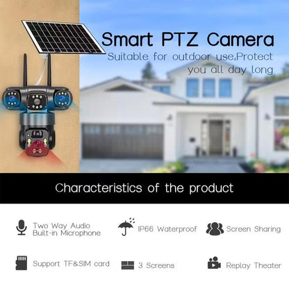 🔥4K Solar Wireless Outdoor Security Camera – Triple Lens Panoramic View, Two-Way Audio, 2.4G WiFi