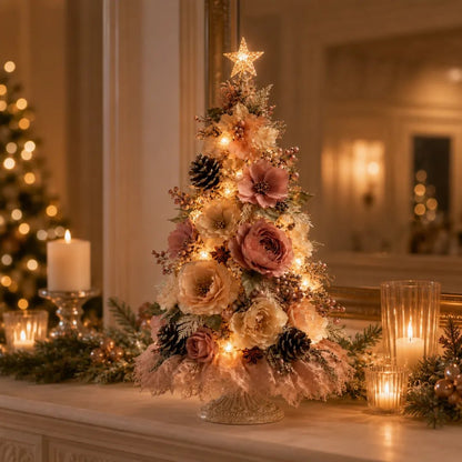 Blush Bloom Pre-Lit Floral Christmas Tree – Cord-Free Tabletop Décor
