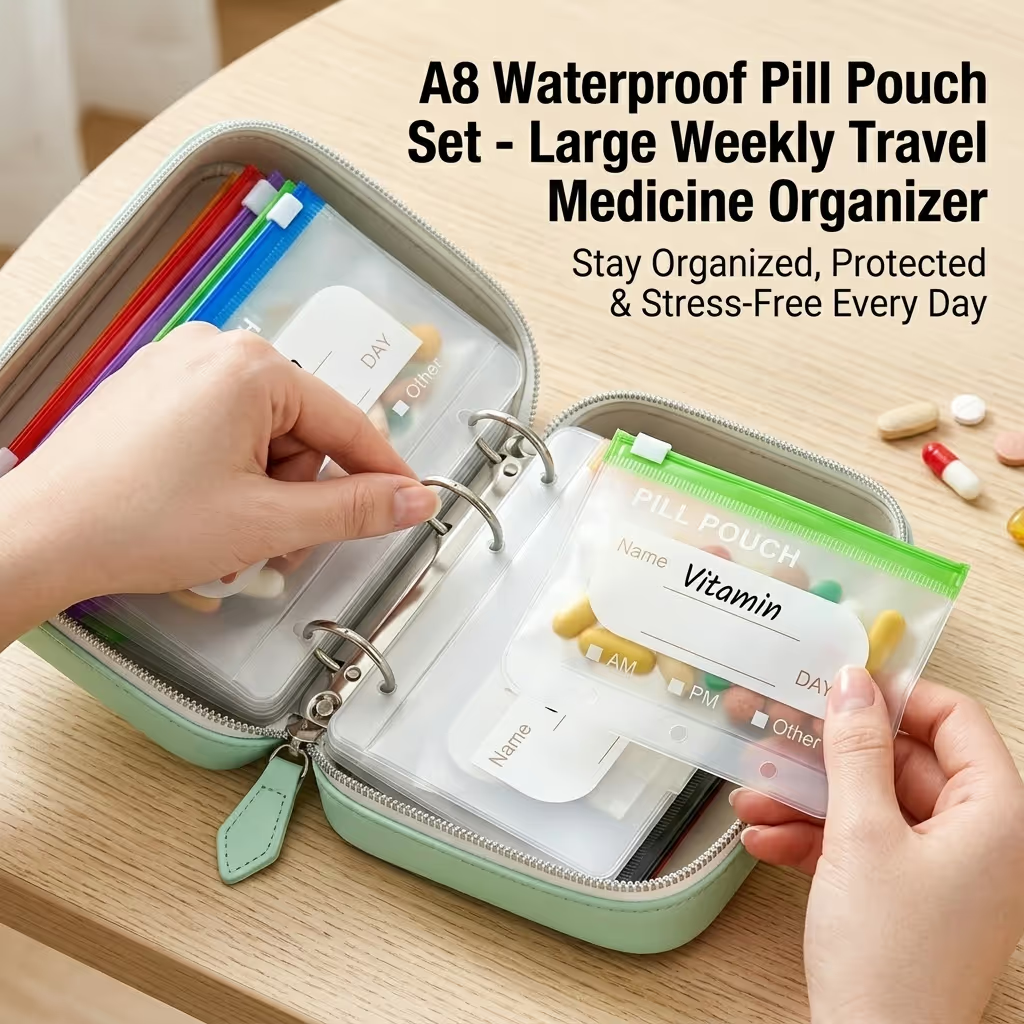 💊A8 Waterproof 14-Pouch Weekly Pill Organizer, Color-Coded Travel Storage for Vitamins & Supplements