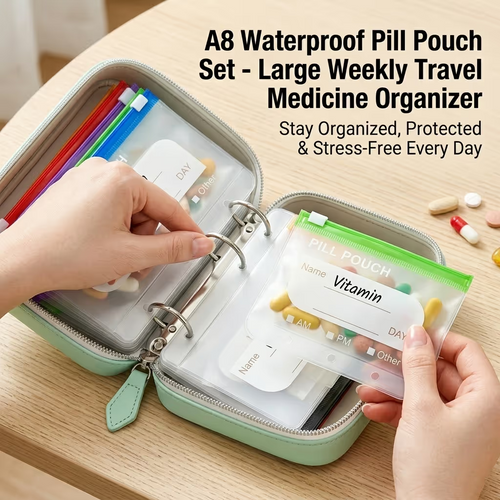 💊A8 Waterproof 14-Pouch Weekly Pill Organizer, Color-Coded Travel Storage for Vitamins & Supplements
