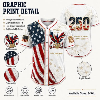 Men's USA 250th Anniversary Baseball Jersey Patriotic American Flag Eagle Button Down Shirt 1776-2026