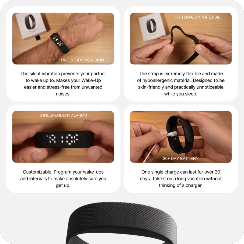 ⌚ Onyx Silent Vibration Alarm Clock – Wrist-Worn Wearable Wake-Up Device for Heavy Sleepers, Partner-Friendly Quiet Alarm with 2 Intensity Levels, 3 Alarms & 14+ Day Battery