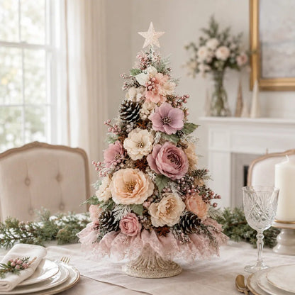 Blush Bloom Pre-Lit Floral Christmas Tree – Cord-Free Tabletop Décor