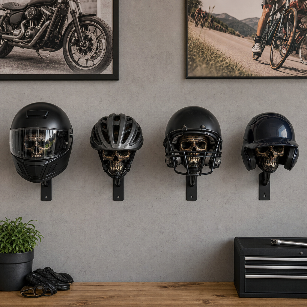 💀 Motorcycle Skull Helmet Holder – Garage Display Wall Mount