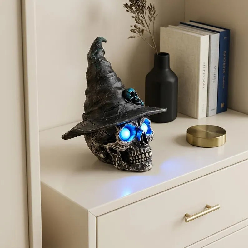 💀 Awaken the Shadows! Gothic Glowing Skull Witch Desktop Ornament 🧙‍♀️