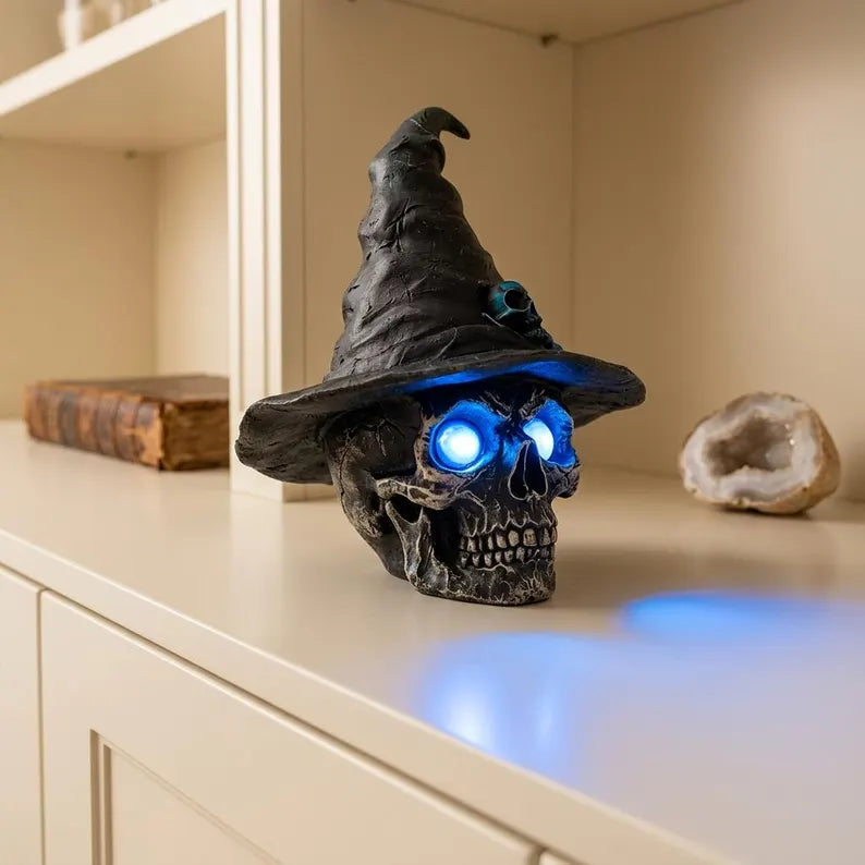 💀 Awaken the Shadows! Gothic Glowing Skull Witch Desktop Ornament 🧙‍♀️