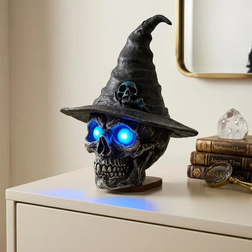 💀 Awaken the Shadows! Gothic Glowing Skull Witch Desktop Ornament 🧙‍♀️