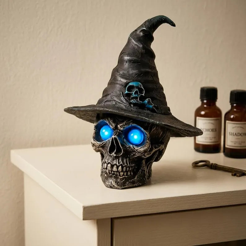 💀 Awaken the Shadows! Gothic Glowing Skull Witch Desktop Ornament 🧙‍♀️