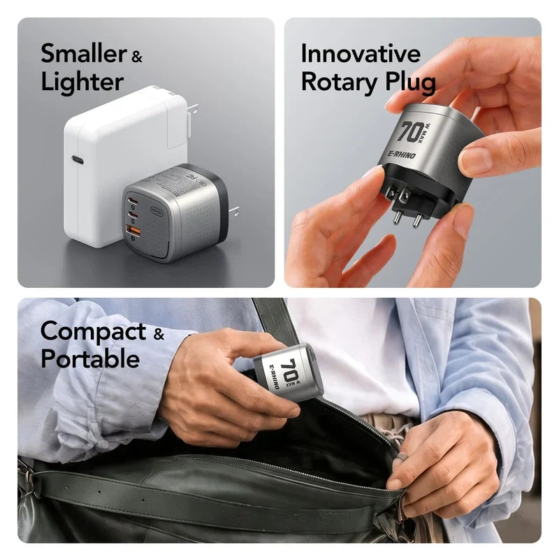 Global Travel Charger (70W, 3-Port, GaN, Integrated Rotary Plug)