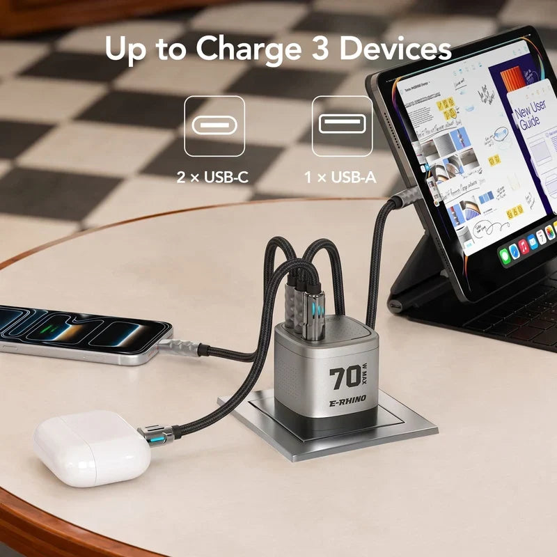 Global Travel Charger (70W, 3-Port, GaN, Integrated Rotary Plug)
