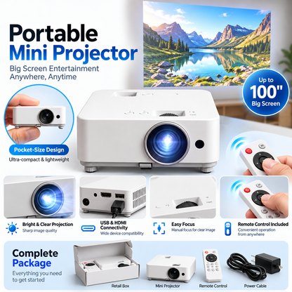 📽️ Portable Mini Projector – Up to 100″ Big-Screen Viewing with Remote Control