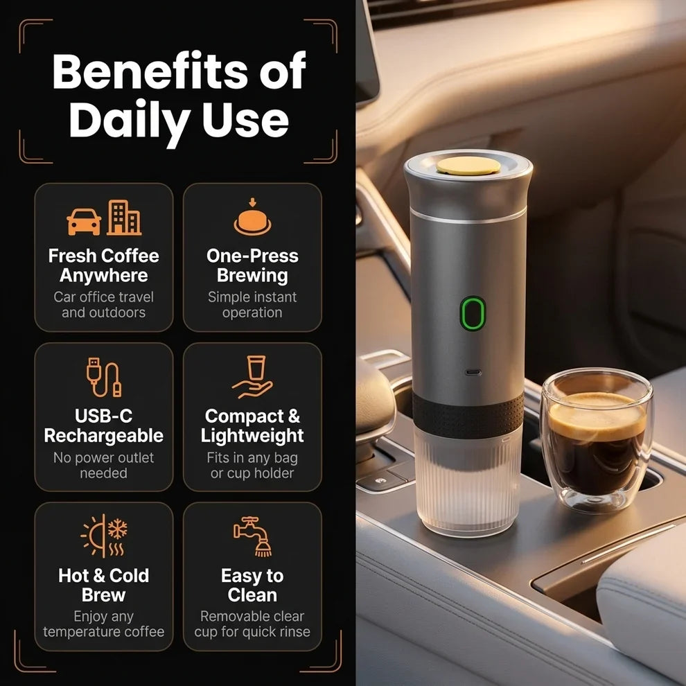 Portable Espresso Coffee Maker – 15-Bar Rechargeable Travel Coffee Machine