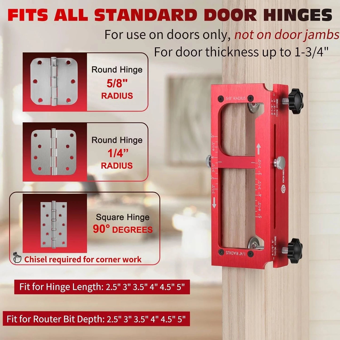 Door Hinge Cut Out Tool for Door & Cabinet Hinges, Fits 2.5\" to 5\" Hinges with 1/4\" & 5/8\" Radius & Square Corner Tools