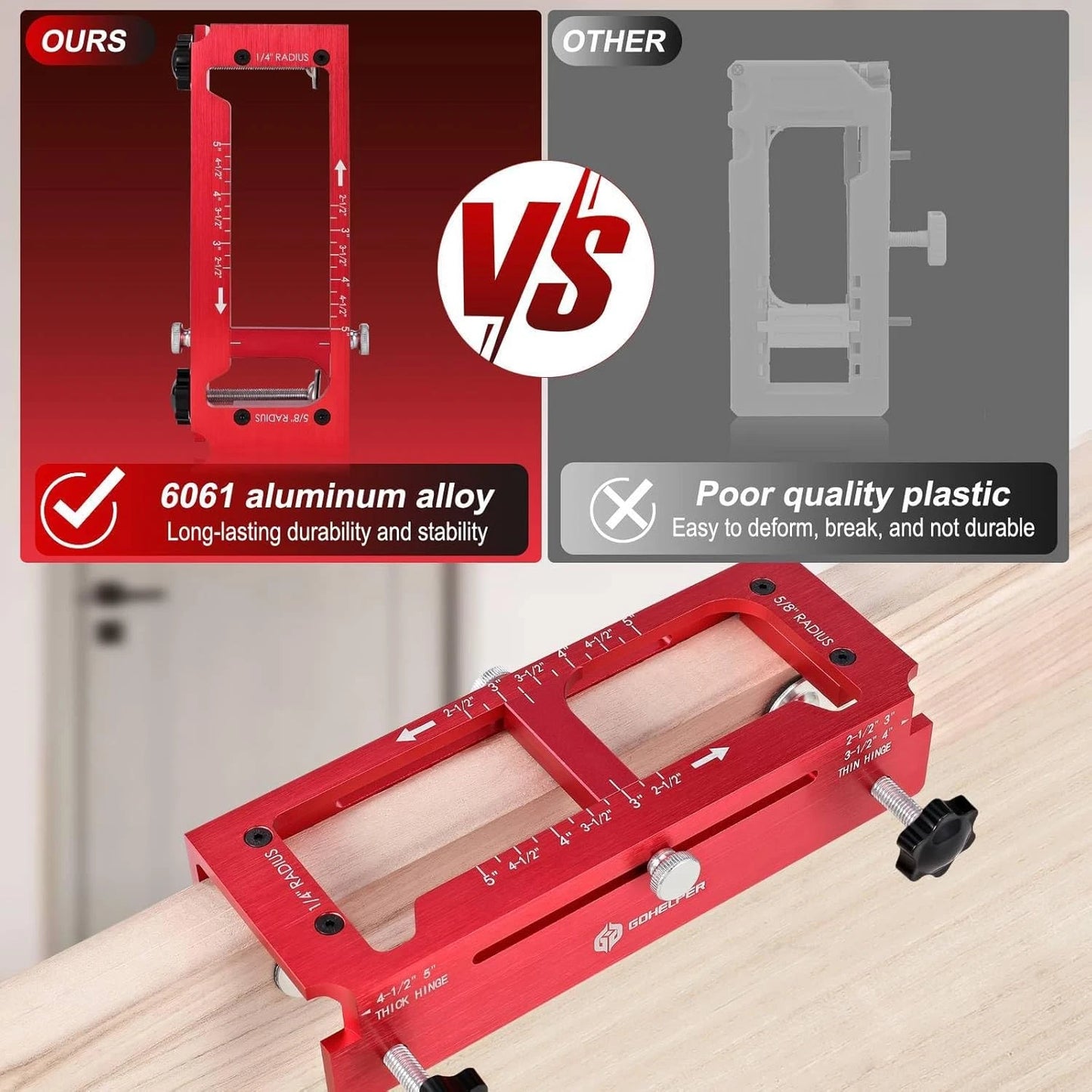 Door Hinge Cut Out Tool for Door & Cabinet Hinges, Fits 2.5\" to 5\" Hinges with 1/4\" & 5/8\" Radius & Square Corner Tools