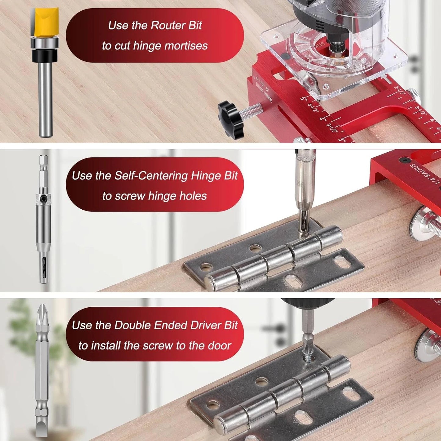 Door Hinge Cut Out Tool for Door & Cabinet Hinges, Fits 2.5\" to 5\" Hinges with 1/4\" & 5/8\" Radius & Square Corner Tools