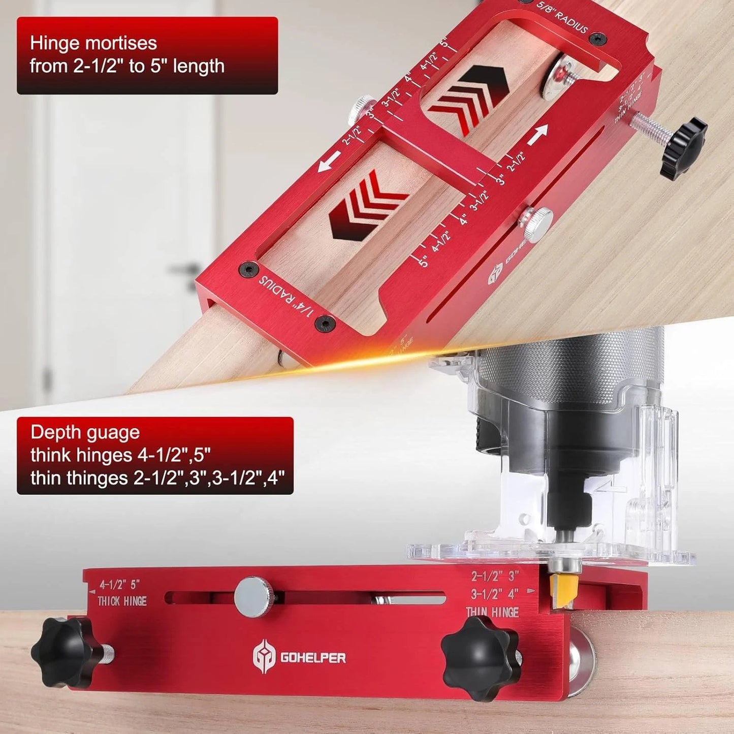 Door Hinge Cut Out Tool for Door & Cabinet Hinges, Fits 2.5\" to 5\" Hinges with 1/4\" & 5/8\" Radius & Square Corner Tools