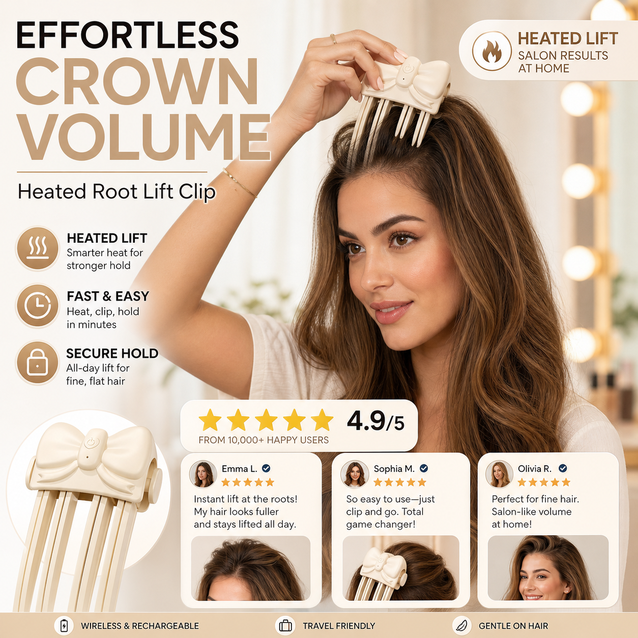 ⏰Wireless Heated Volumizing Root Lift Clip - Salon Crown Volume Styling Tool for Fine Flat Hair