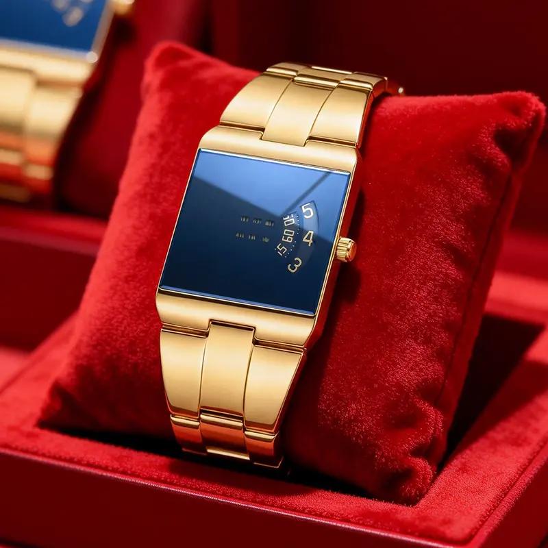 ⌚50% OFF NOW ! ✨Men's Square Face Quartz Watch – Gold Stainless Steel Band Unique Dial Design, Business Casual Fashion Wristwatch