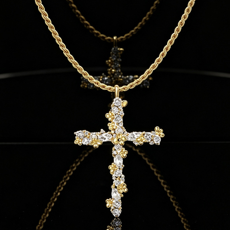 🎉 LIMITED TIME 50% OFF! ✝️ Radiant Cross Necklace – Twisted Chain, Petal Sparkle ✨