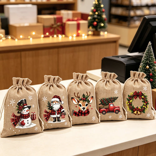 🎅🎄 Christmas Drawstring Gift Bags – Festive Santa & Reindeer Prints, Double Drawstring Closure & Durable Fabric