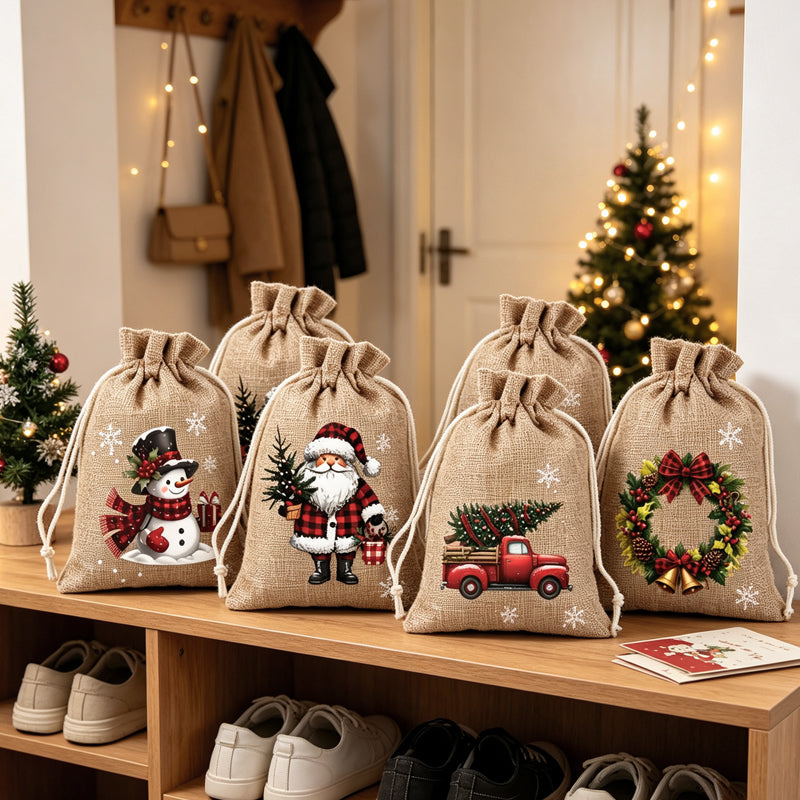🎅🎄 Christmas Drawstring Gift Bags – Festive Santa & Reindeer Prints, Double Drawstring Closure & Durable Fabric