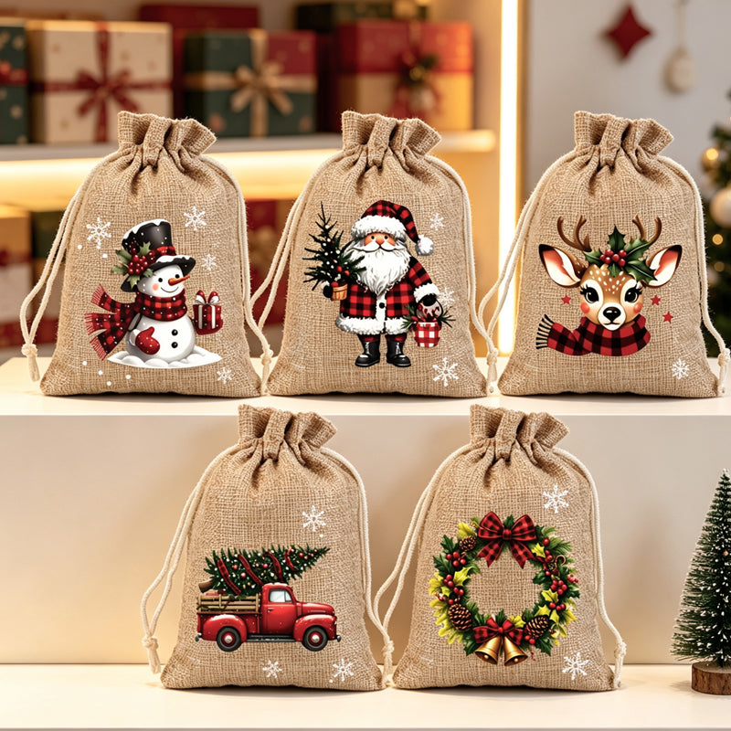 🎅🎄 Christmas Drawstring Gift Bags – Festive Santa & Reindeer Prints, Double Drawstring Closure & Durable Fabric