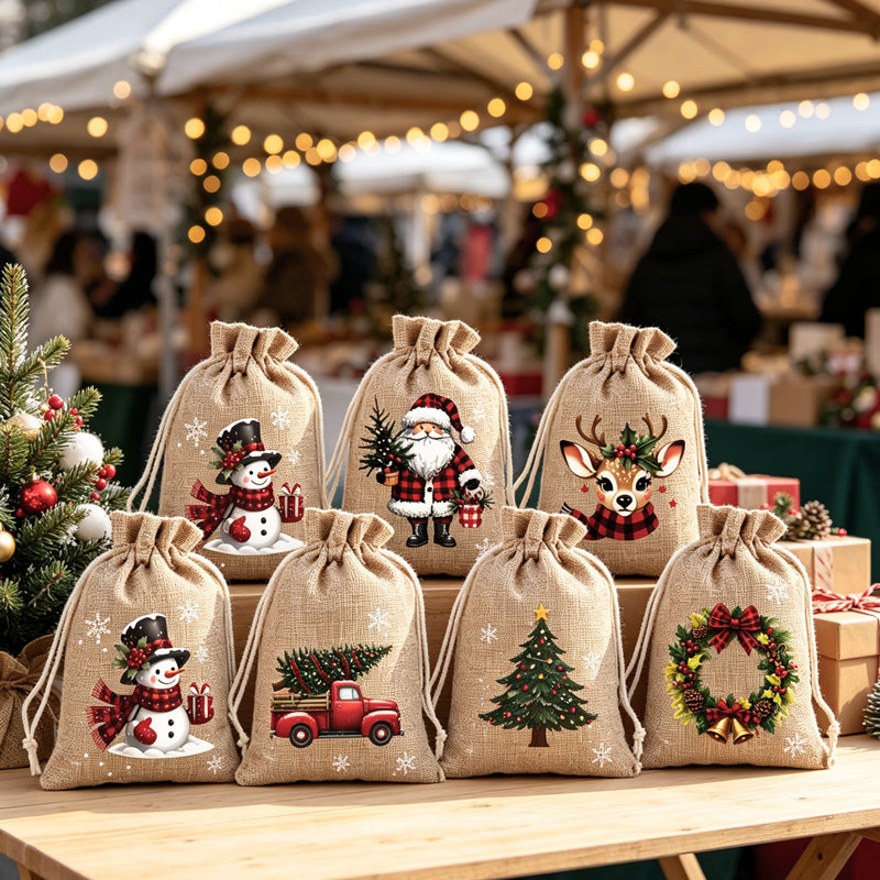 🎅🎄 Christmas Drawstring Gift Bags – Festive Santa & Reindeer Prints, Double Drawstring Closure & Durable Fabric