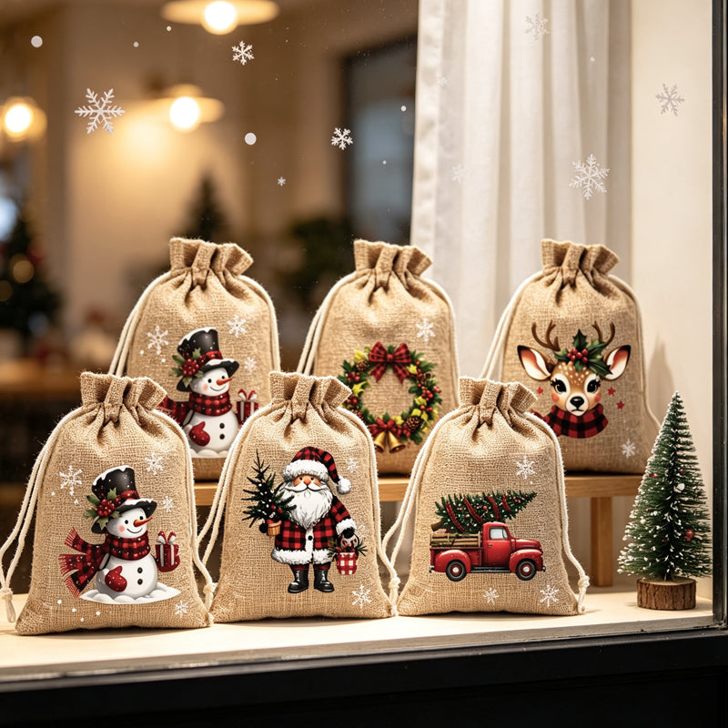 🎅🎄 Christmas Drawstring Gift Bags – Festive Santa & Reindeer Prints, Double Drawstring Closure & Durable Fabric