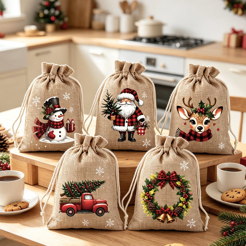 🎅🎄 Christmas Drawstring Gift Bags – Festive Santa & Reindeer Prints, Double Drawstring Closure & Durable Fabric
