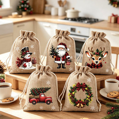 🎅🎄 Christmas Drawstring Gift Bags – Festive Santa & Reindeer Prints, Double Drawstring Closure & Durable Fabric