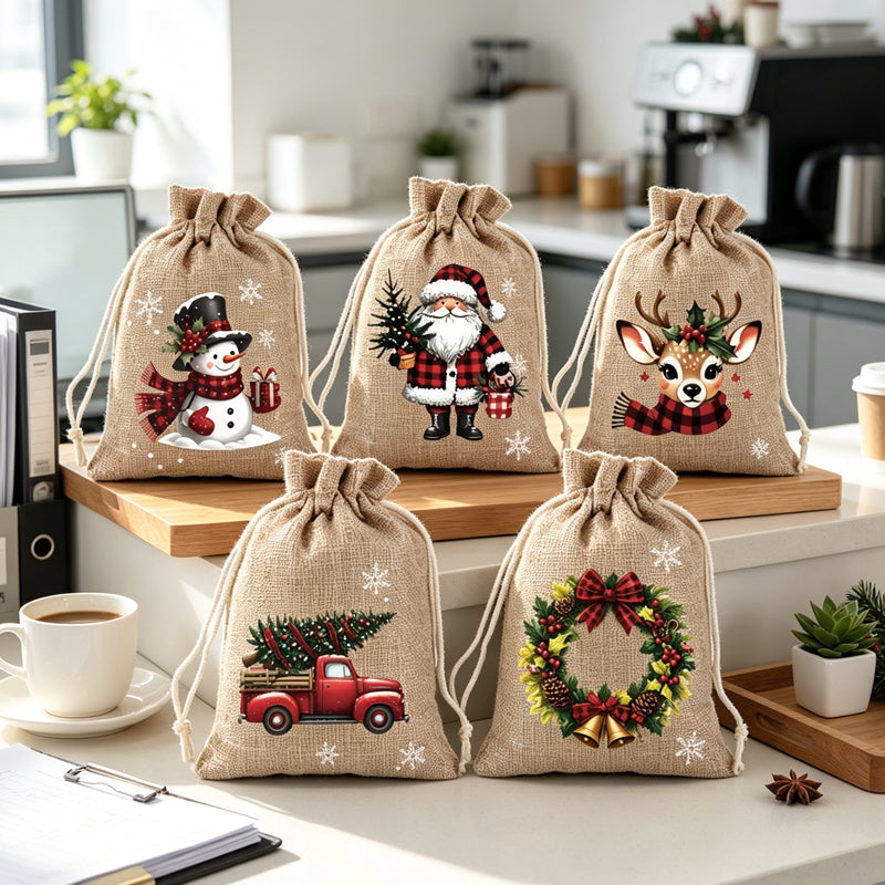 🎅🎄 Christmas Drawstring Gift Bags – Festive Santa & Reindeer Prints, Double Drawstring Closure & Durable Fabric
