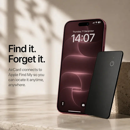 Black AirCard wallet tracker beside a Burgundy iPhone with matching wallpaper and lock screen.